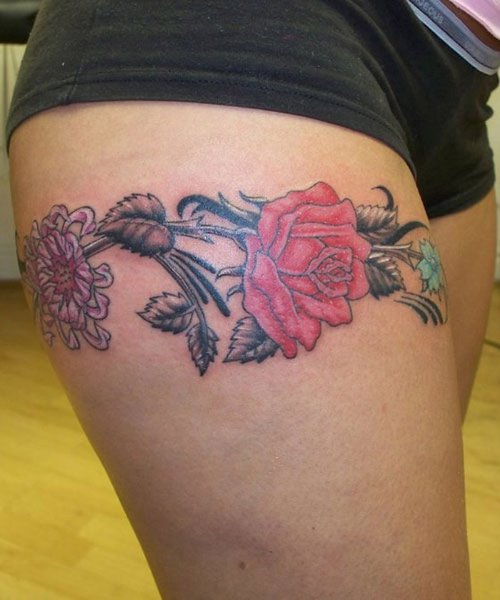 Awesome Red Rose Thigh Tattoo