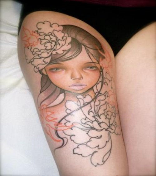 Girl Right Thigh Tattoo