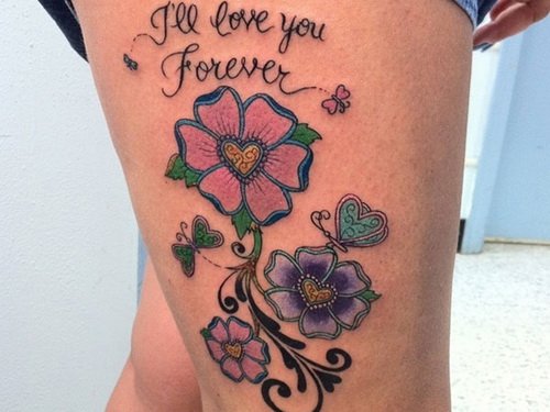 IвЂ™ll Love You Forever - Colored Flowers Tattoo On Thigh