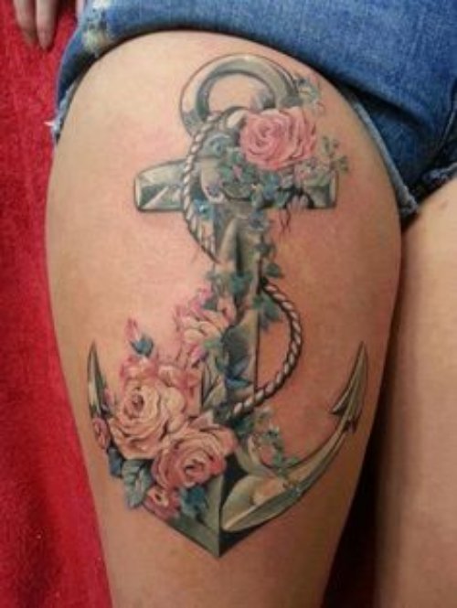 Pink Roses And Anchor Thigh Tattoo
