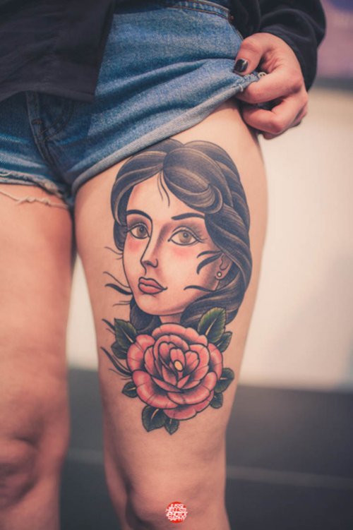 Girl Face and Red Rose Thigh Tattoo