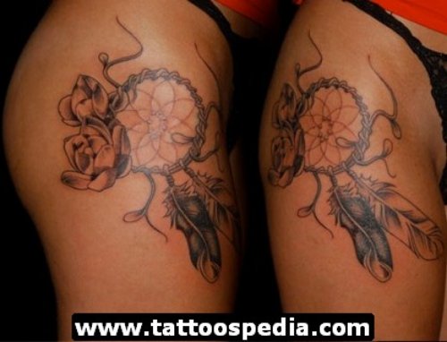 Colored Flower And Dreamcatcher Thigh Tattoo