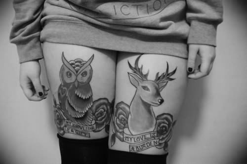 Deer Head And Owl Thigh Tattoos