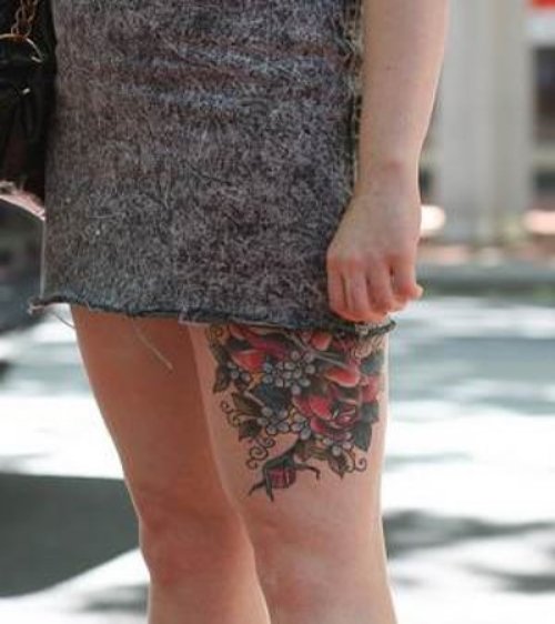 Color Flower Thigh Tattoo For Girls