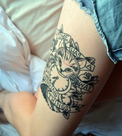 Cat With Clock And Banner Thigh Tattoo