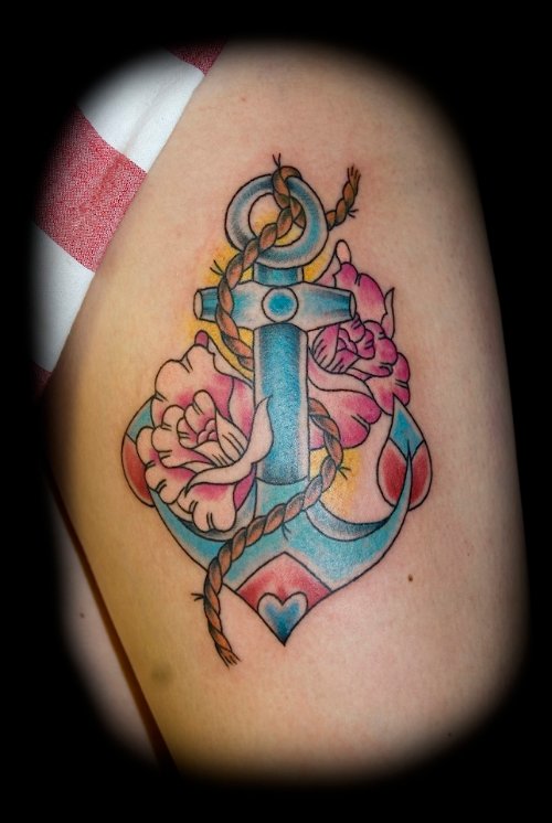 Red Roses And anchor Thigh Tattoo