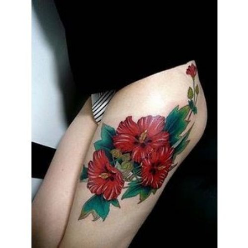 Red Lily Flower Thigh Tattoo