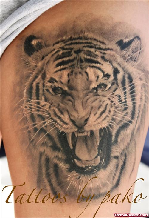 Amazing Grey Ink Tiger Head Tattoo