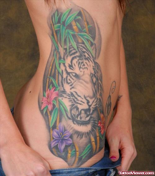Colored Tiger Tattoo On Right Side