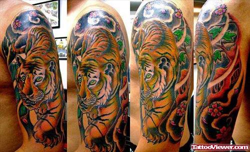 Left Half Sleeve Tiger Tattoo