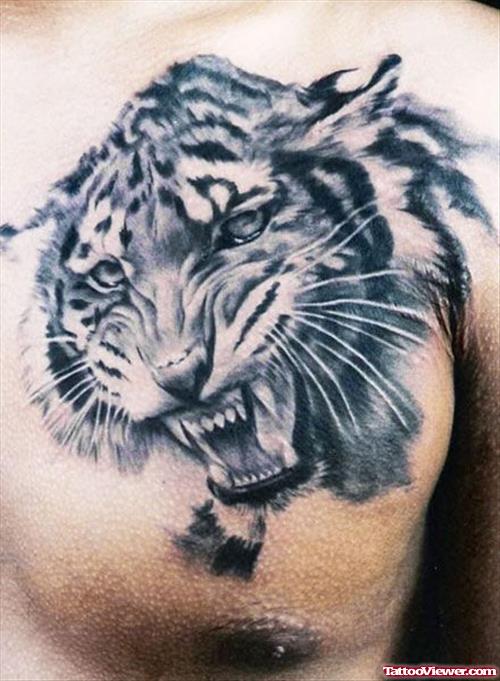 Grey Ink Tiger Head Tattoo On Man Chest