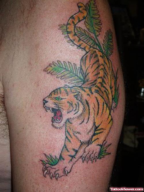 Unique Left Half Sleeve Tiger Tattoo