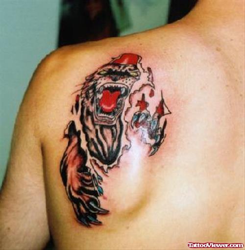 Ripped Skin Tiger Tattoo On Left Back Shoulder