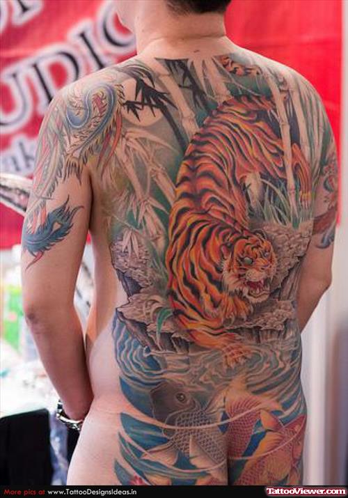 Color Ink Tiger Tattoo On Back Body