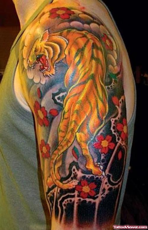 Awesome Colored Tiger Tattoo On Left Half Sleeve