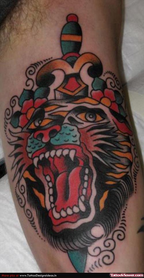 Angry Colorful Tiger Head Tattoo