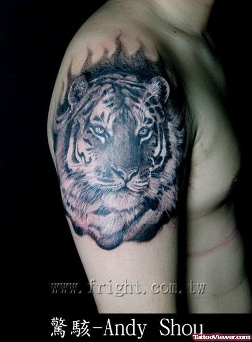 Classic Grey Ink Tiger Tattoo On Man Right Shoulder