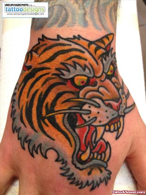 Color Tiger Head Tattoo On Right Hand