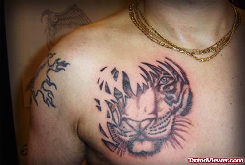 Cute Grey Ink Tiger Tattoo On Man Chest