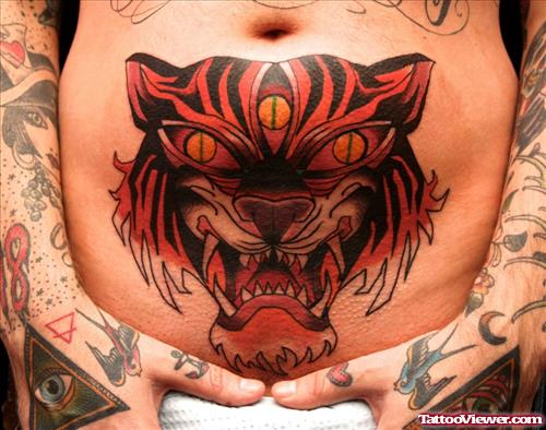 Color Tiger Head Tattoo On Belly