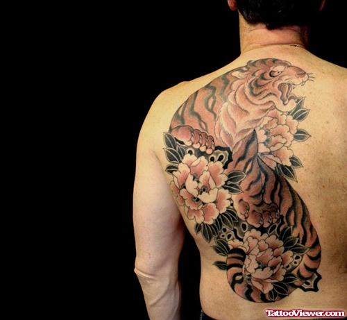 flowers and Tiger Tattoo On Back Body
