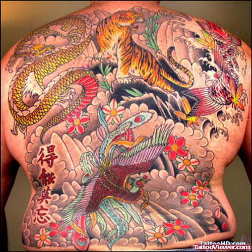 Japanese Colored Tiger Tattoo On Back