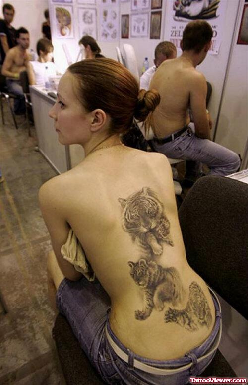 Beautiful Grey Ink Tiger Tattoo On Girl Back Body