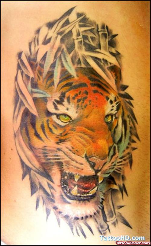 Leafs And Tiger Head Tattoo