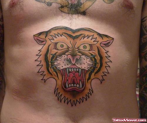 Colored Ink Tiger Head Tattoo On Belly