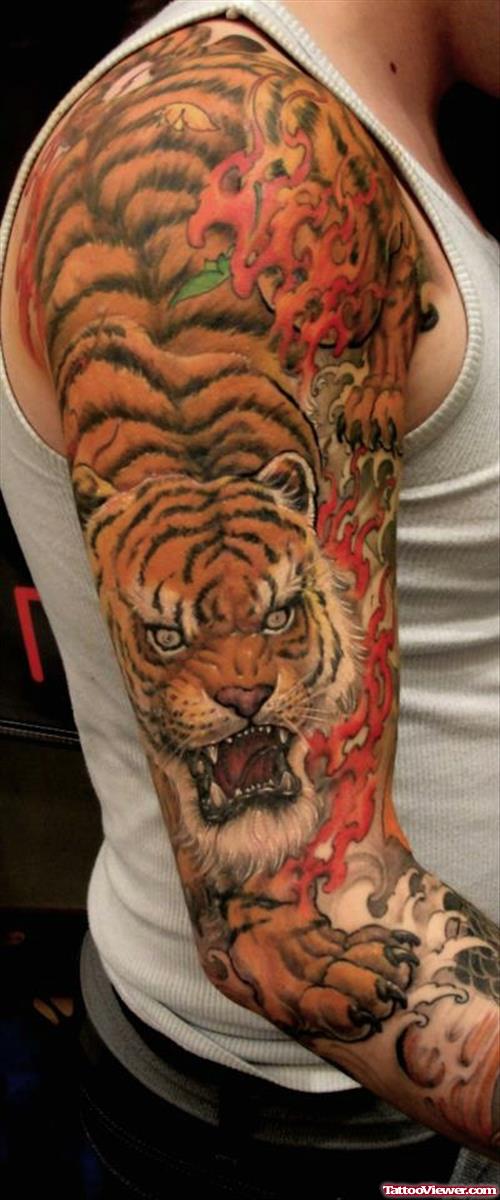 Colored Tiger Tattoo On Right Sleeve