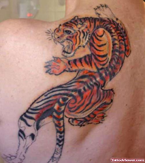 Colored Tiger Tattoo On Left Back Shoulder
