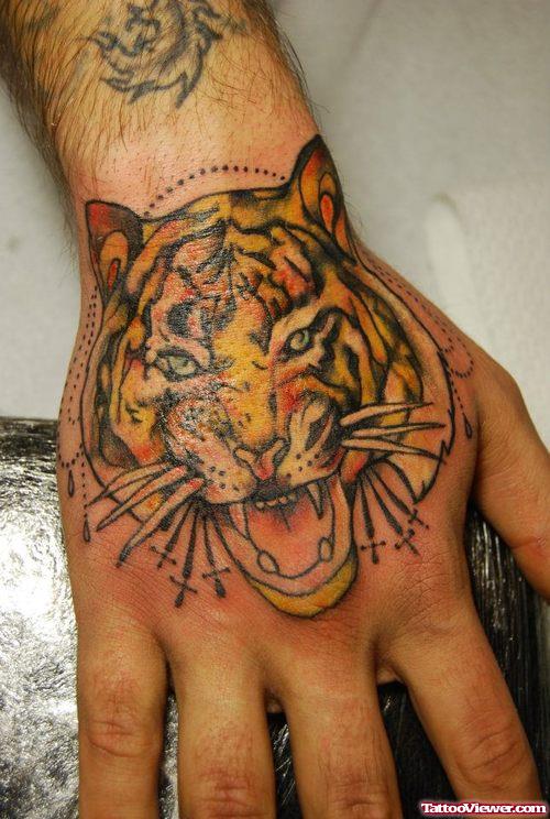 Colored Ink Tiger Head Tattoo On Right Hand