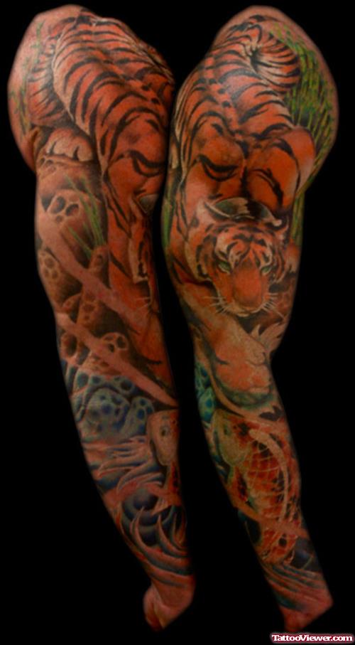 Awesome Color Ink Tiger Tattoos On Right Sleeve