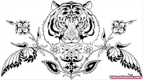 Grey Flowers and Tiger Head Tattoo Design