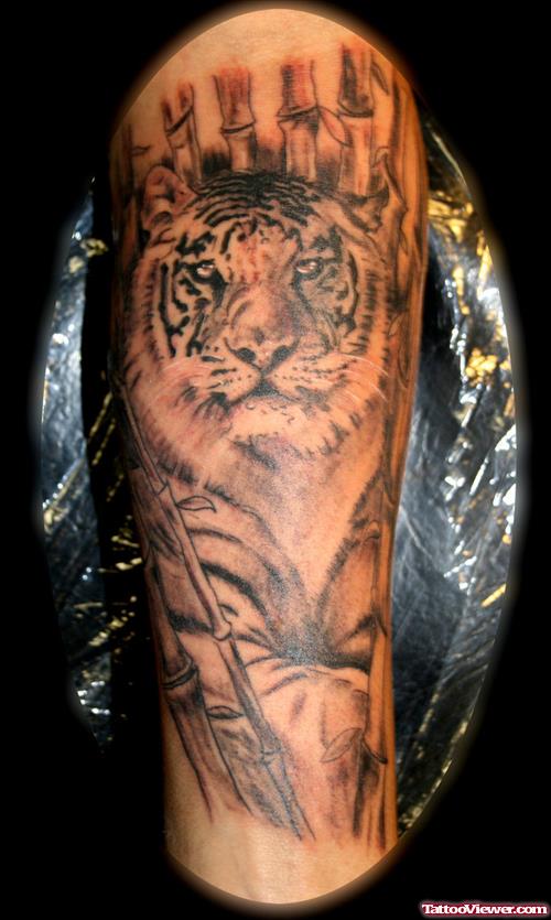 Crazy Grey Ink Tiger Tattoo On Sleeve