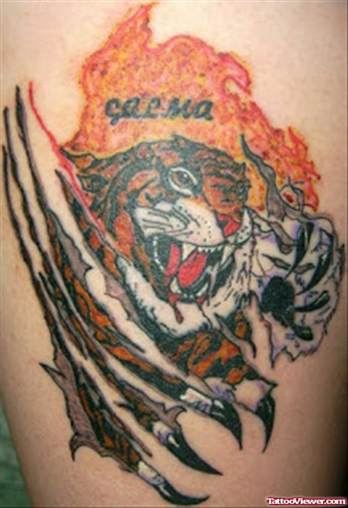 Colored Ripped Skin Tiger Tattoo