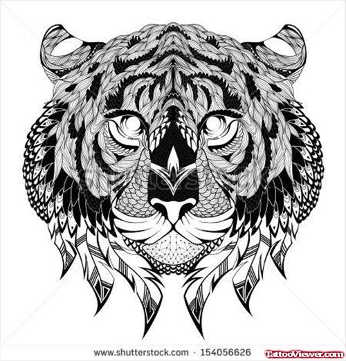 Grey Ink Feathers Tiger Head Tattoo Design