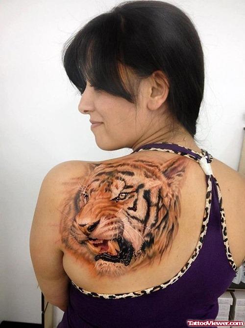 Amazing Girl Left Back Shoulder Tiger Head Tattoo