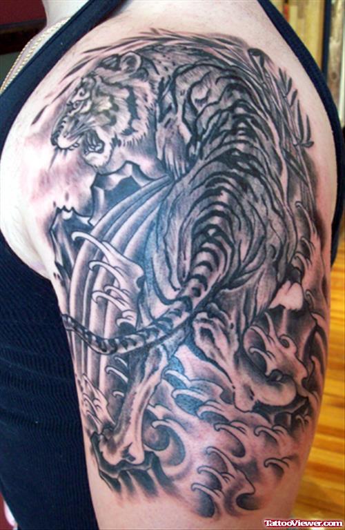Awesome Grey Ink Tiger Tattoo On Left Half Sleeve