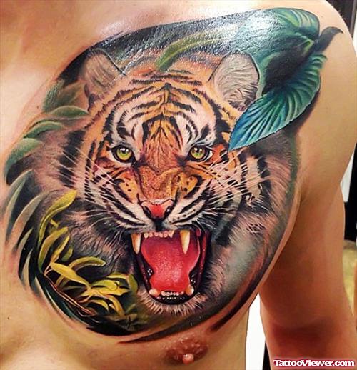 Roaring Tiger Head Tattoo On Man Chest
