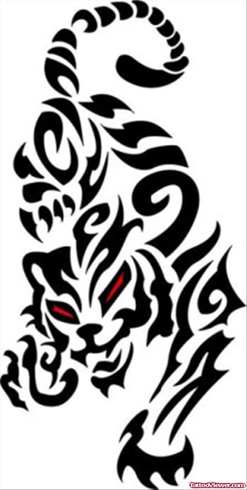 Black Ink Tribal Tiger With Red Eyes Tattoos Design