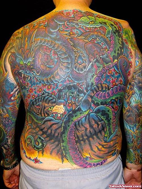 Awesome Colored Tiger Tattoo On Back Body