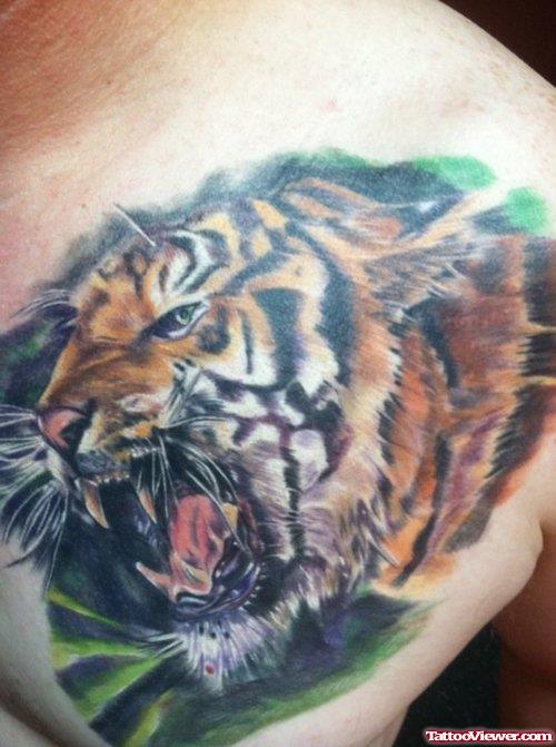 Awesome Color Ink Tiger Head Tattoo On Chest
