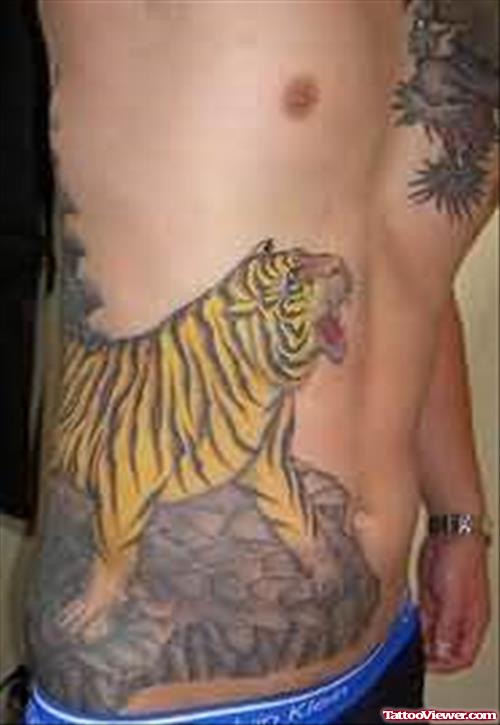 Yellow Tiger Tattoo On Stomach