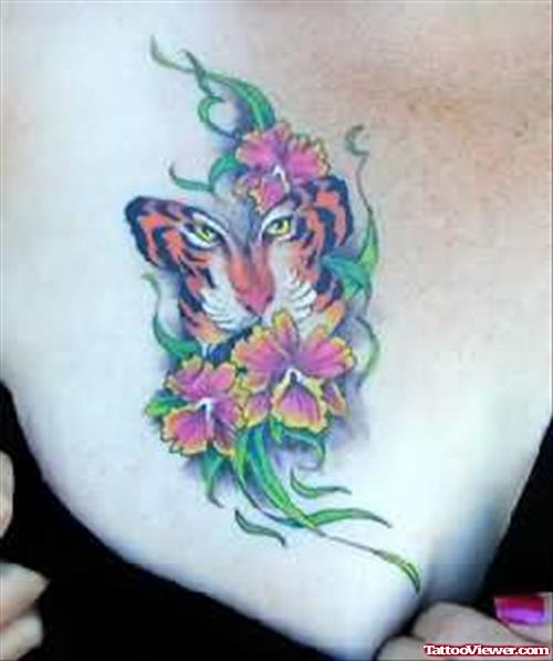Lovely Tiger Tattoo With Flowers