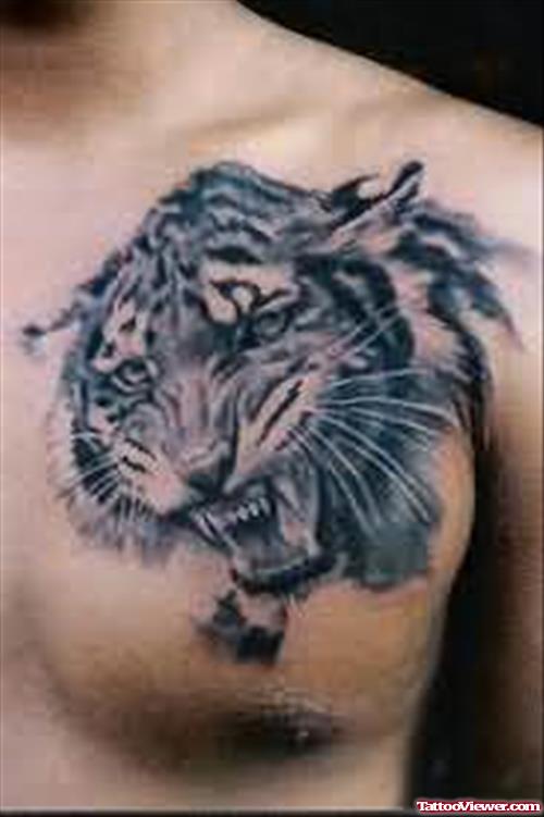 Angry Tiger Face Tattoo On Chest For Men
