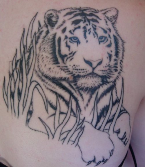 Amazing Grey Ink Tiger Tattoo On Chest