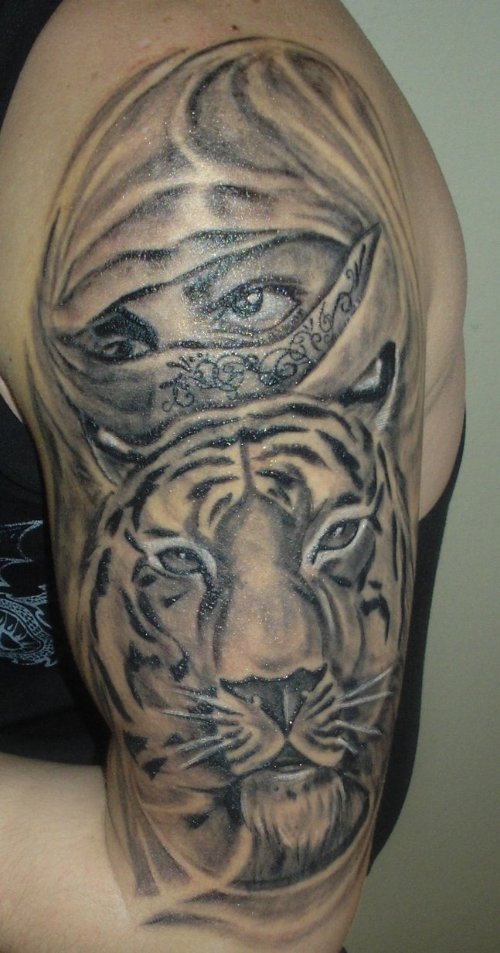 Grey Ink Tiger Tattoo On Left Half Sleeve