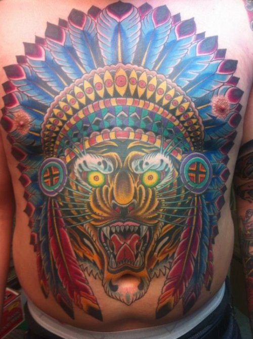 Amazing Colored Tiger Tattoo On Man Body