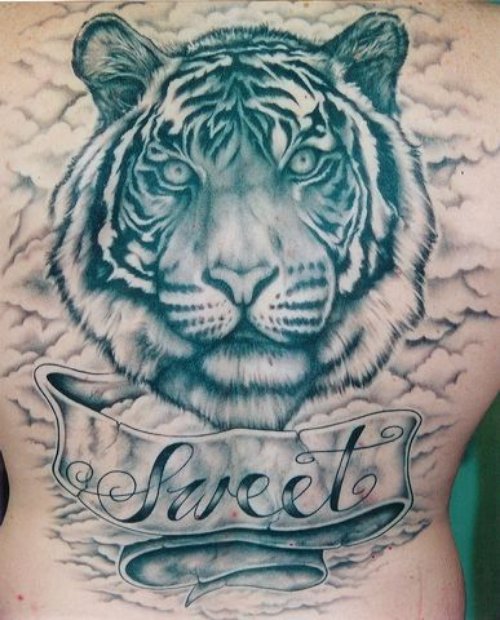Attractive Grey Ink Tiger Tattoo On Back Body